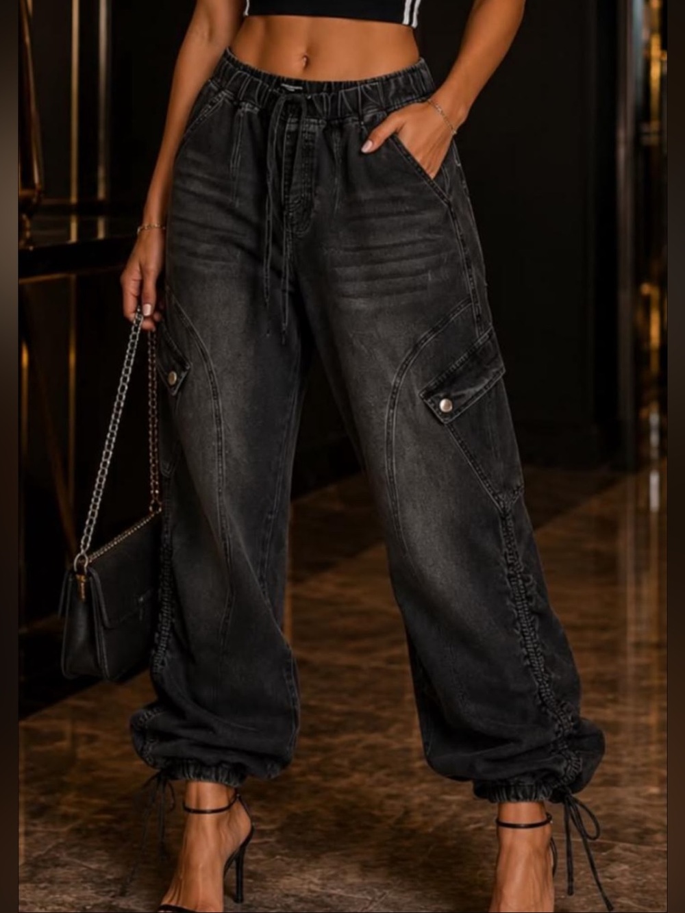 American Bazi Black Washed Cargo Jogger Jeans